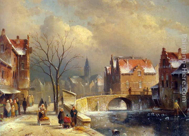 Winter Villagers on a Snowy Street by a Canal painting - Charles Henri Joseph Leickert Winter Villagers on a Snowy Street by a Canal art painting